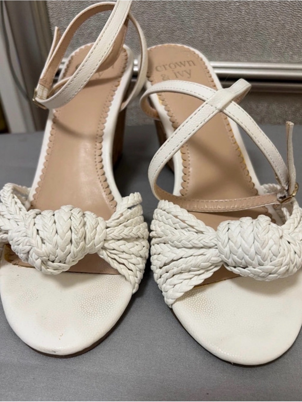 crown & ivy White Braided Knot Wedge Sandals with Ankle Strap - Picture 5 of 7
